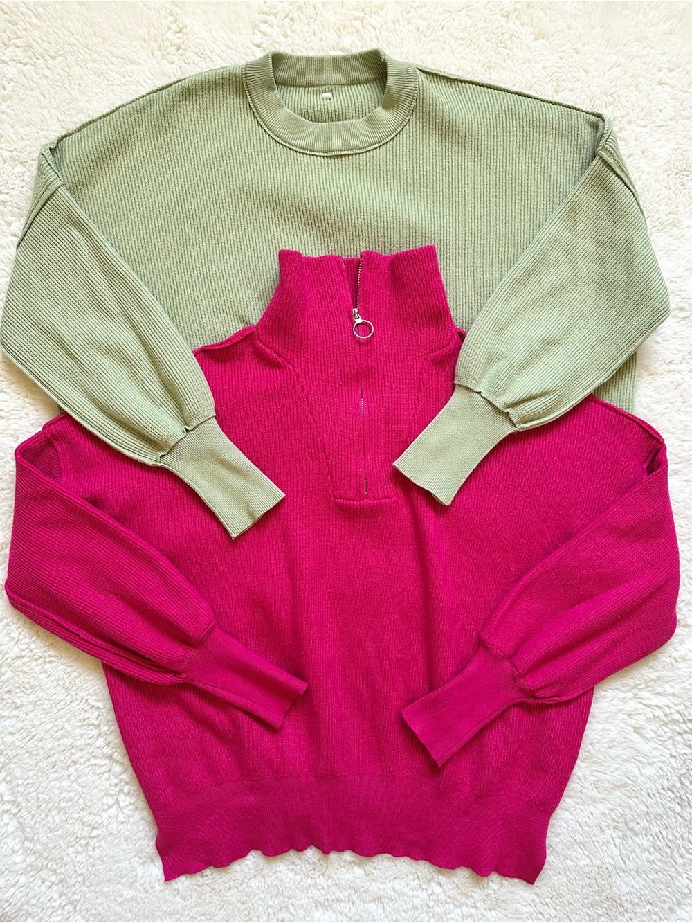ANRABESS Oversized Knit Sweaters 2PACK Long Sleeve - Sage Green & Fuchsia Small